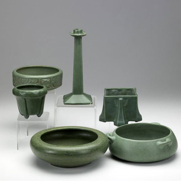 ZANESVILLE Box lot of matte green pieces: ZANESVILLE Box lot of six matte green pieces, a few chips and hairlines. Unmarked.