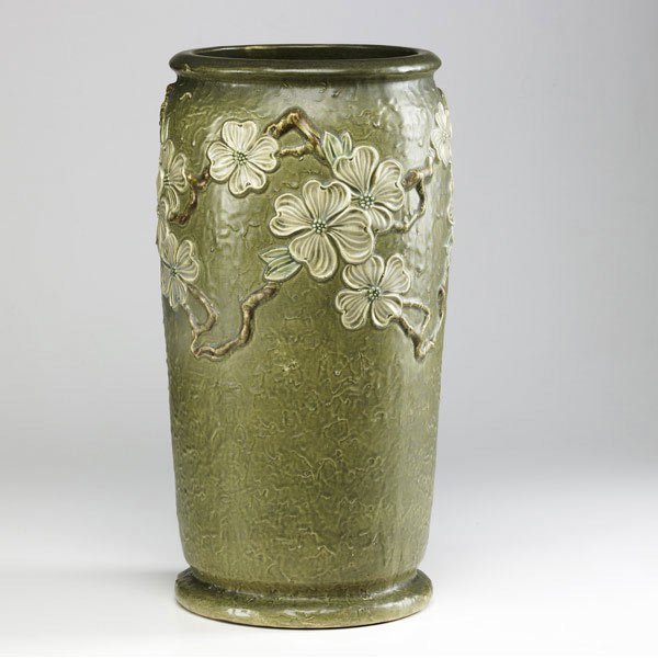 ROSEVILLE Dogwood I umbrella stand: ROSEVILLE Dogwood I 20'' umbrella stand (crisp mold). Small chip to inside footring. RV ink mark.