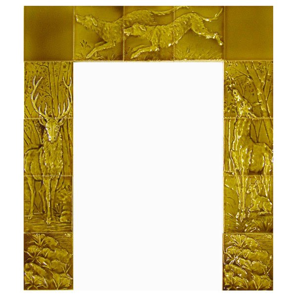 TRENT Thirteen-tile fireplace surround: TRENT Thirteen-tile fireplace surround with a doe, fawn and buck beneath two hunting dogs, covered in amber majolica glaze. Stamped Trent. Each tile 6'' sq.