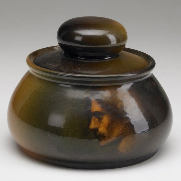 ROOKWOOD Standard glaze humidor by G. Young: ROOKWOOD Standard glaze humidor finely painted by Grace Young with the portrait of a young man, 1896. Flame mark/GY. 4 3/4'' x 6''