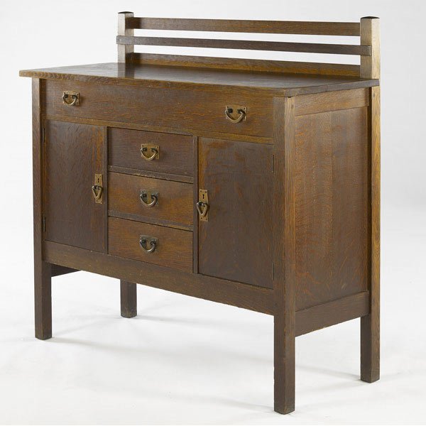 GUSTAV STICKLEY Sideboard (no. 816): GUSTAV STICKLEY Sideboard (no. 816) with hammered copper hardware. Branded signature. 45'' x 48'' x 18 1/4''