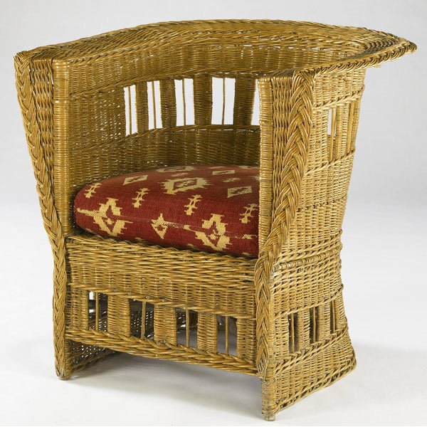 GUSTAV STICKLEY Wicker chair: GUSTAV STICKLEY Rare wicker chair with loose cushion. Unmarked. 33 1/2'' x 33'' x 33''