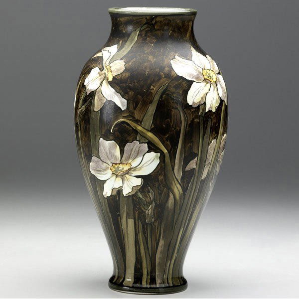 JOHN BENNETT Early vase: JOHN BENNETT Early vase painted with white daffodils, 1877. (This rare and early vase was made the first year Bennett set up shop on Lexington Avenue in New York.) Signed J. Bennett 101 Lex Ave. NY. J