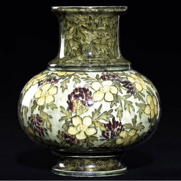 JOHN BENNETT Vase: JOHN BENNETT Bulbous vase painted with yellow buttercups and purple clover flowers on a celadon ground. Signed Bennett NY RG. 6'' x 5''