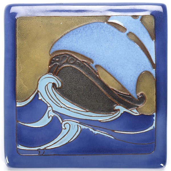 CALIFORNIA FAIENCE Tile with ship: CALIFORNIA FAIENCE Square tile decorated in cuenca with a tall ship on waves. Stamped California Faience. 5 3/4'' sq.