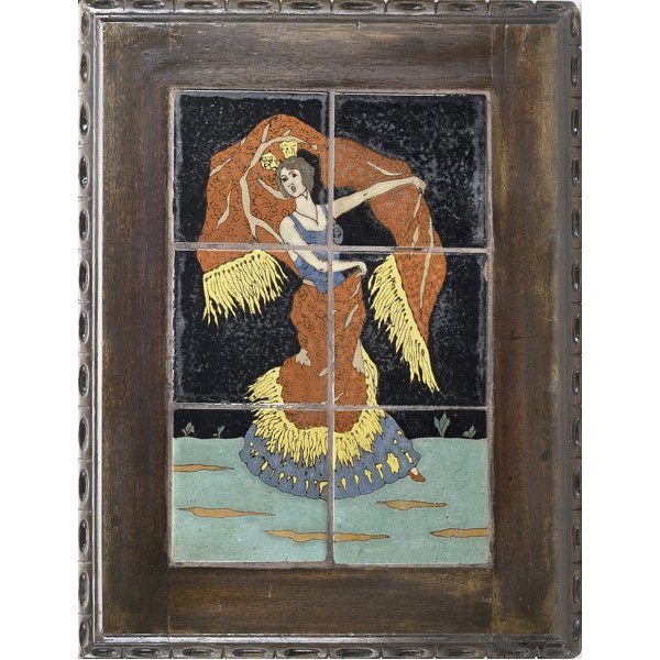 TAYLOR TILERY Spanish Dancer table: TAYLOR TILERY Tile top table with a six-tile panel, ''Spanish Dancer,'' in a Monterey-style base. Tiles: 18'' x 12'', table: 17'' x 19 1/2'' x 25 1/2''