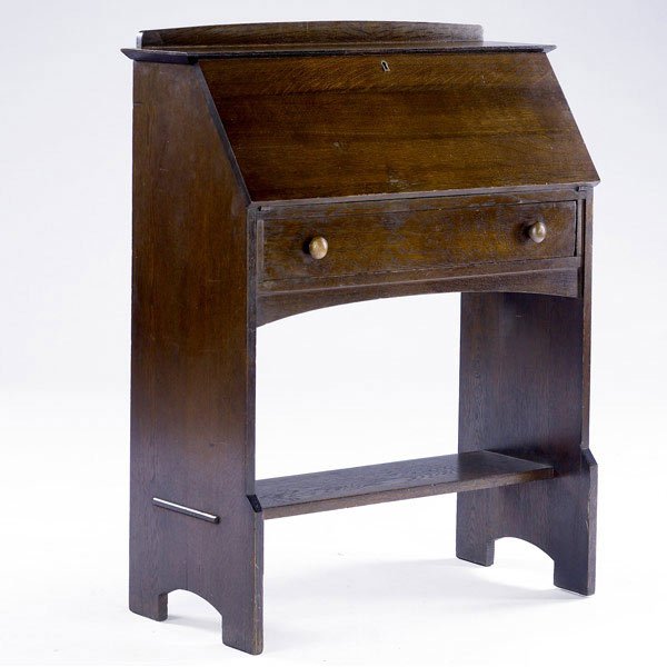 L & JG STICKLEY Drop-front desk: L. & J.G. STICKLEY Drop-front desk with complete gallery interior over a full-width drawer and open cubicle. ''The Work of ...'' metal tag. 40'' x 32'' x 15''