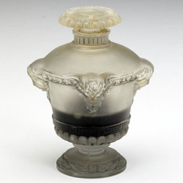 LALIQUE Bouquet de Faunes perfume for Guerlain: LALIQUE Bouquet de Faunes perfume bottle for Guerlain, in clear and frosted glass with grey patina, with original black leather case, c. 1925. M p. 940, No. 1. Molded GUERLAIN PARIS. 4''