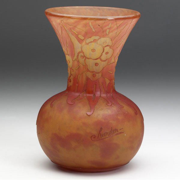 LE VERRE FRANCAIS Cameo glass vase: LE VERRE FRANCAIS Cameo glass bulbous vase with stylized blossoms in mottled oranges. Etched Le Verre Francais FRANCE and signed Charder. 6 3/4'' x 4 1/2''