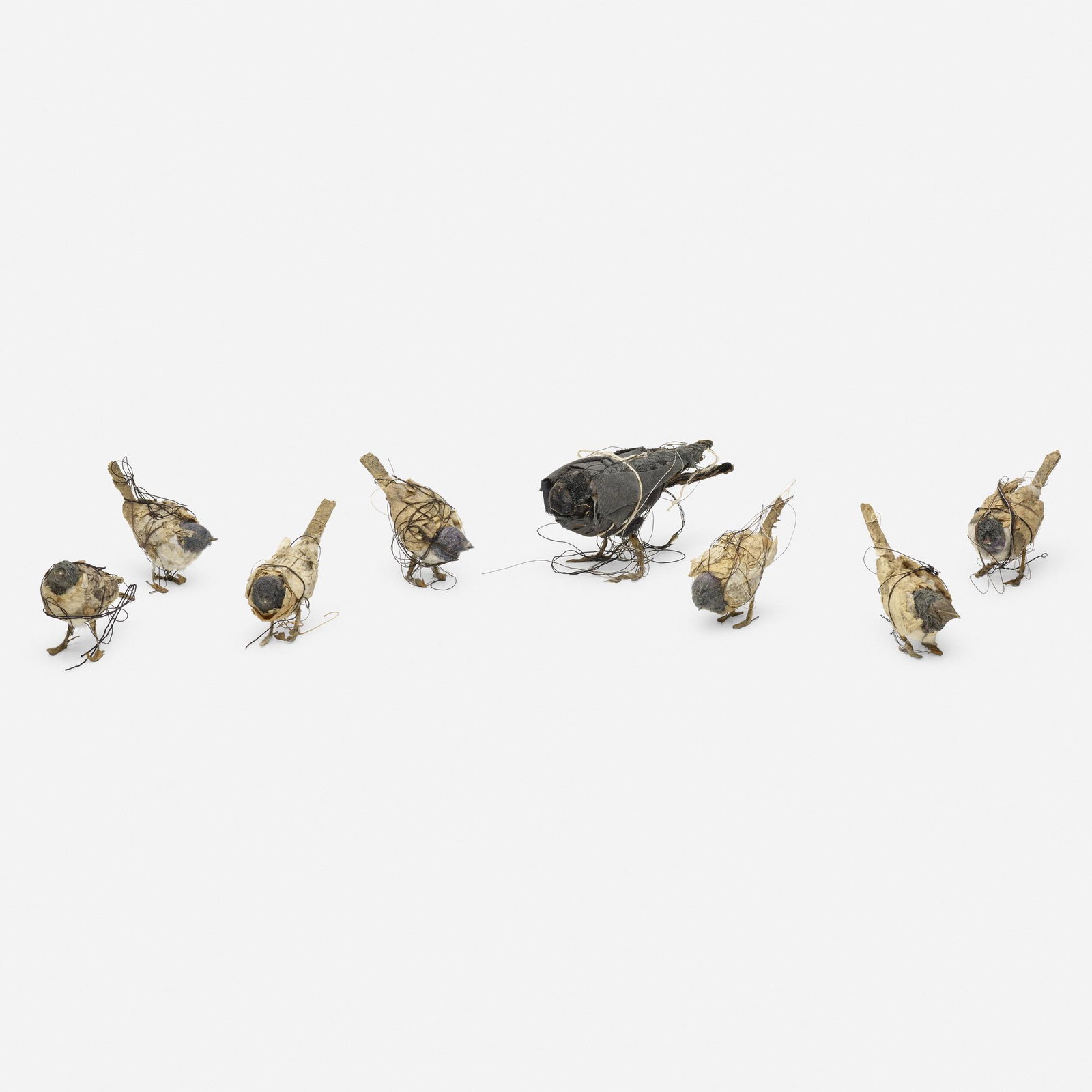 Kathryn Spence, Untitled (7 Wrens, 1 Blackbird): Kathryn Spence Untitled (7 Wrens, 1 Blackbird) 2000 thread, trash, lint, string, wire and fabric scraps 5 h × 2 w × 2.5 d in (13 × 5 × 6 cm) Provenance: Ste