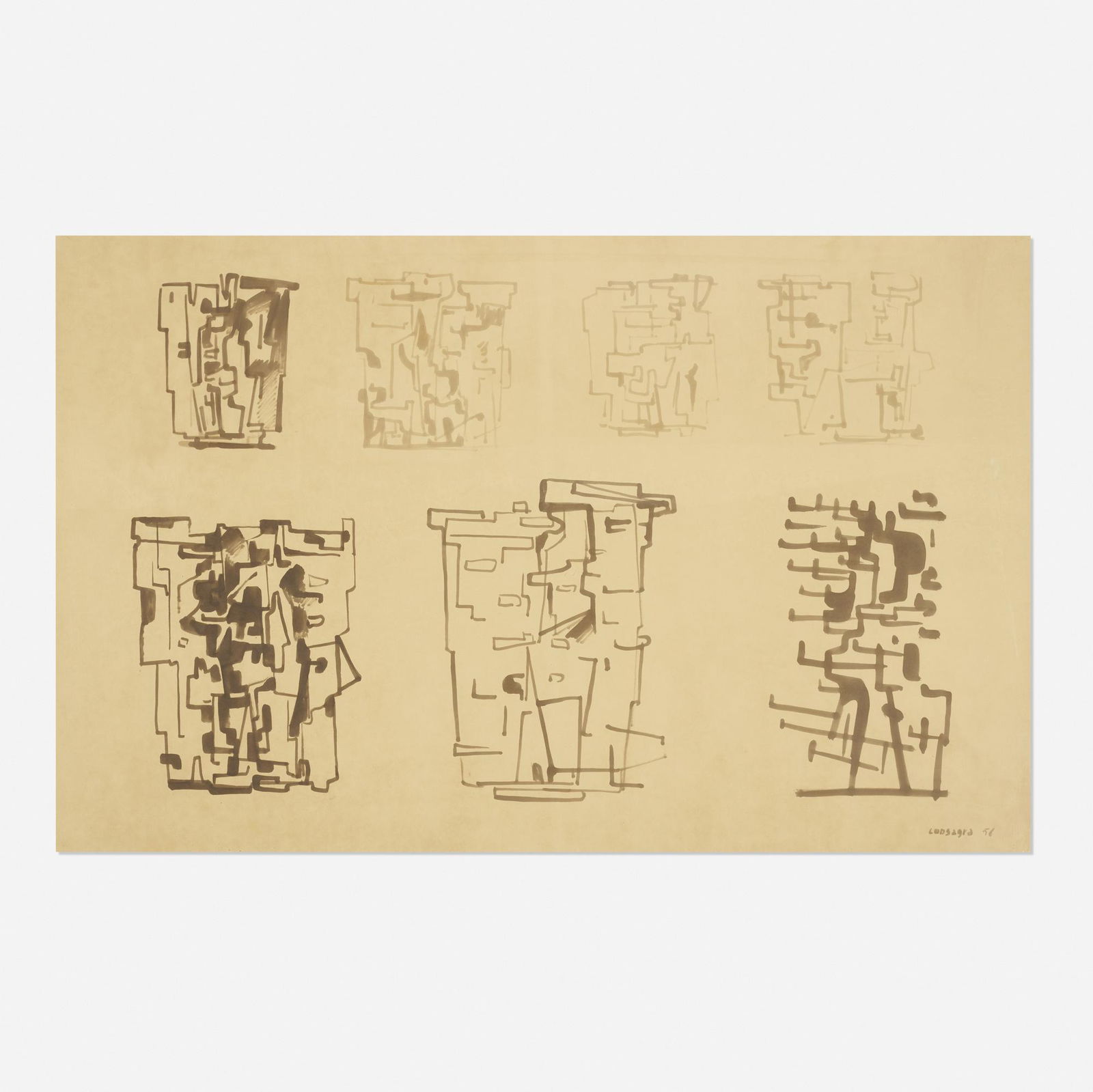 Pietro Consagra, Untitled (Study): Pietro Consagra Untitled (Study) 1956ink on paper38 h × 59 w in (97 × 150 cm) Signed and dated to lower right 'Consagra 56'. Provenance: The Artist | Benjamin