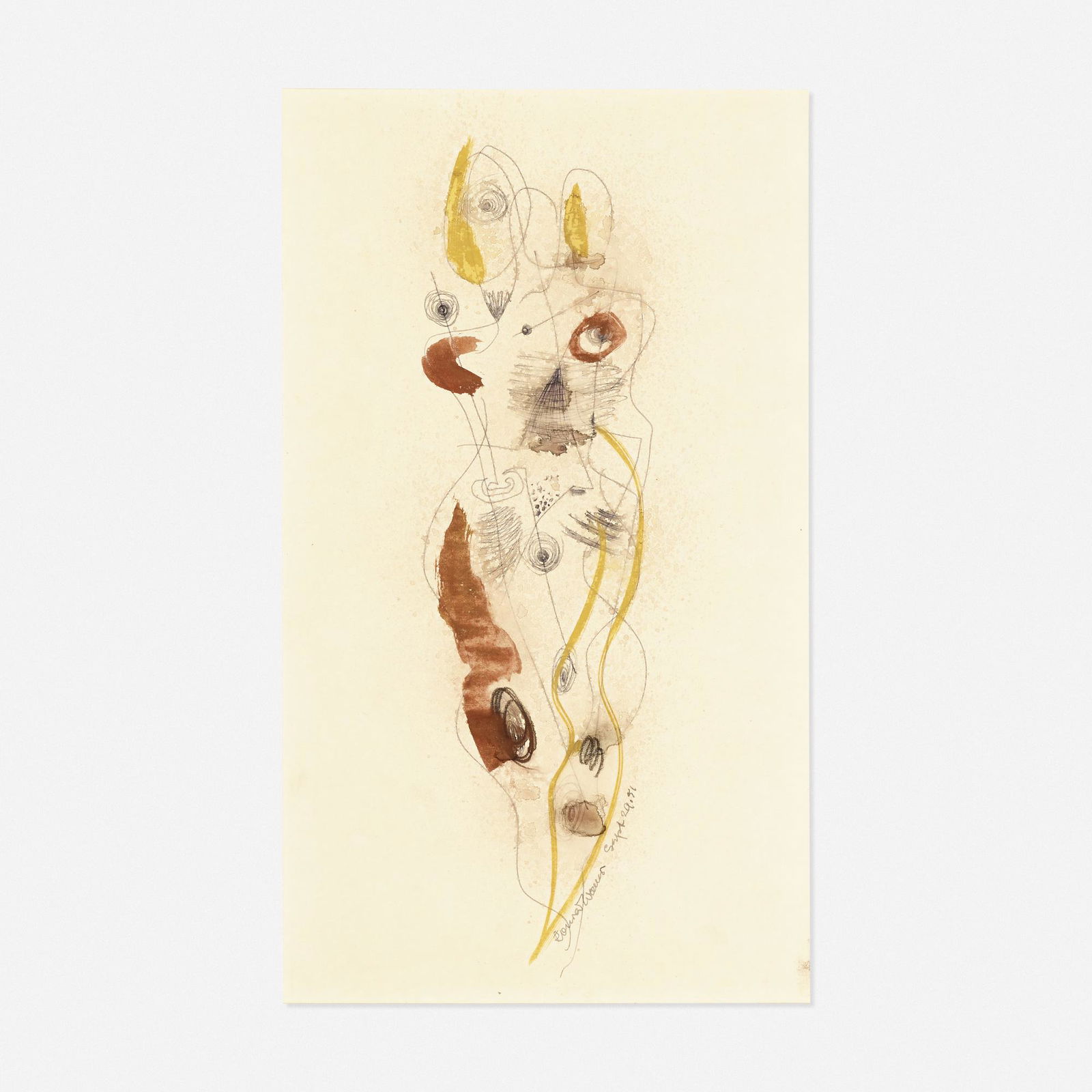 Konrad Cramer, Figure: Konrad Cramer Figure 1951mixed media on paper14.875 h × 8.875 w in (38 × 23 cm) Signed and dated to lower right 'Konrad Cramer Sept 29.51'.