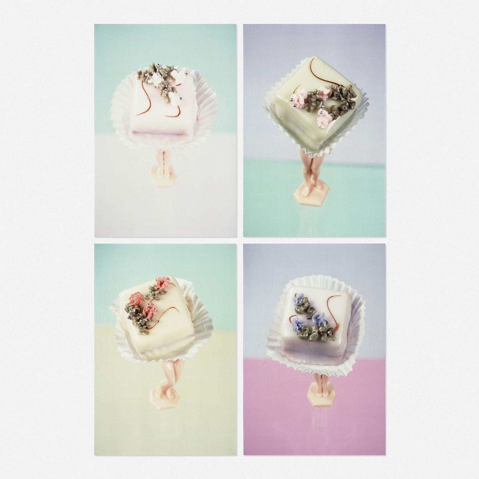 Laurie Simmons, Four Petit-Fours: Laurie Simmons Four Petit-Fours (Study for Walking Cake) (four works) 1989unique cibachrome prints23.25 h × 15.5 w in (59 × 39 cm) Signed, titled, dated and numbered to verso of each