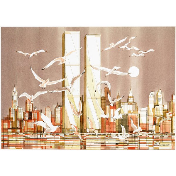 VIKTOR SCHRECKENGOST Watercolor: VIKTOR SCHRECKENGOST Watercolor depicting lower Manhattan and the World Trade Center with gulls in flight. Matted and framed, under glass. Signed, lower right. Sight: 20 3/4'' x 29 1/4'', overall meas