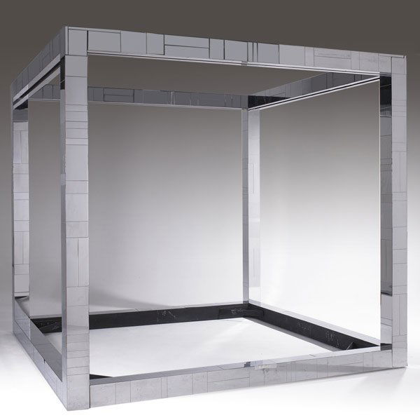 PAUL EVANS Cityscape four-poster bed: PAUL EVANS Cityscape four-poster king-size canopy bed in polished chrome patchwork. Paul Evans script signature. 84'' x 92 1/2'' x 90, interior width: 82''