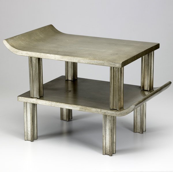 JAMES MONT Pair of small tables: JAMES MONT Pair of Asian-inspired small tables with silver-leaf finish. Each: 8 1/4'' x 18 1/2'' x 13''