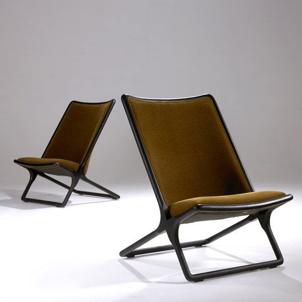 WARD BENNETT Pair of lounge chairs: WARD BENNETT Pair of lounge chairs upholstered in mohair on ebonized oak frames. Brickel Associates, Inc., paper label. 33 1/2'' x 24'' x 28''