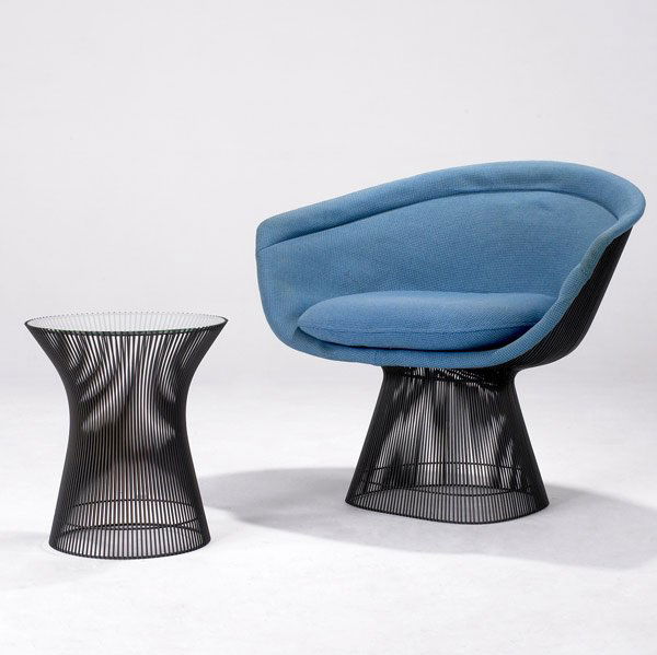WARREN PLATNER / KNOLL Chair and table: WARREN PLATNER / KNOLL Two pieces: lounge chair and matching side table with bronze-finished wire bases. Chair: 30'' x 36'' x 26'', table: 18'' x 60'' dia.