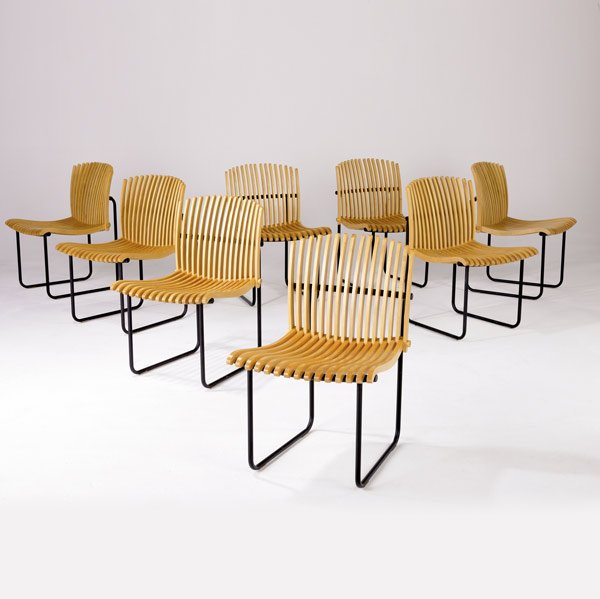 RICHARD SCHULTZ Rare set of 8 Conde House chairs: RICHARD SCHULTZ Rare set of eight Conde House slatted pine chairs on black metal frames. (This set was produced, mostly by hand, in very limited numbers. Per Mr. Schultz, ''I think that must have been