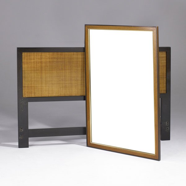 HARVEY PROBBER Wall-hung mirror: HARVEY PROBBER Wall-hung mirror in dark and light mahogany with brass trim, and full-size headboard in dark mahogany with inset caned panel. Headboard: 39'' x 60'', mirror: 48'' x 30''
