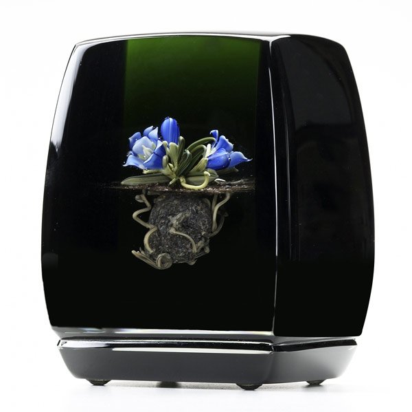 PAUL STANKARD Botanical glass paperweight: PAUL STANKARD Botanical glass paperweight, the embedded plant with blue flowers, yellow stamen and green leaves atop a circular sandy patch with roots, 1990. Signed Paul J. Stankard F56 '90. 4 1/4'' x