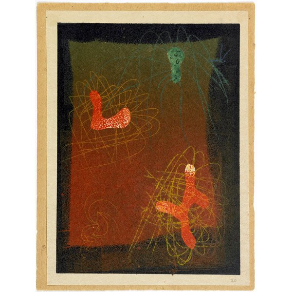 HARRY BERTOIA Untitled monoprint in colored inks: HARRY BERTOIA (American, 1915-1978) Early monoprint in colored inks on rice paper, ca. 1942. (This print is from the Graphic Poem series Bertoia produced while at Cranbrook.) Numbered 20 in pencil, lo