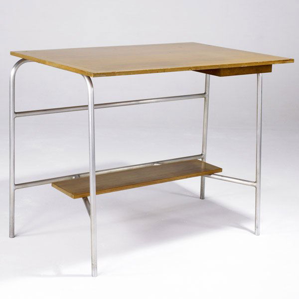 WARREN NARDIN & ALBERT RADOCZY Drafting table: WARREN NARDIN & ALBERT RADOCZY Drafting table with single drawer and lower shelf, ca. 1951. (Commissioned for an architect's office, Lake Success, NY.) 38'' x 48'' x 32''