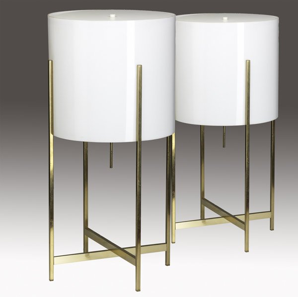 PAUL MAYEN / HABITAT Pair of table lamps: PAUL MAYEN / HABITAT Pair of polished brass and enameled metal table lamps with white acrylic cylindrical shades, 1970s. 25 1/4'' x 12 3/4''