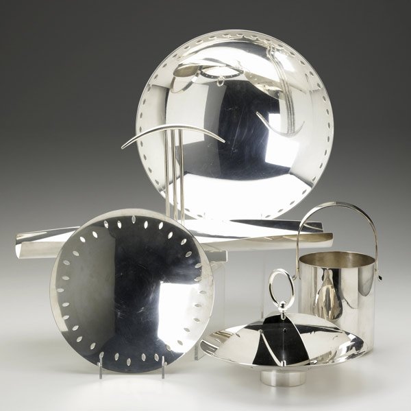 LINO SABATTINI Five silver-plated pieces: LINO SABATTINI Five silver-plated pieces: three serving trays, two with pierced rim; a canopy tray; and a small handled ice bucket. All but one marked Sabattini Italy. Largest tray: 8 3/4'' x 19 3/4''