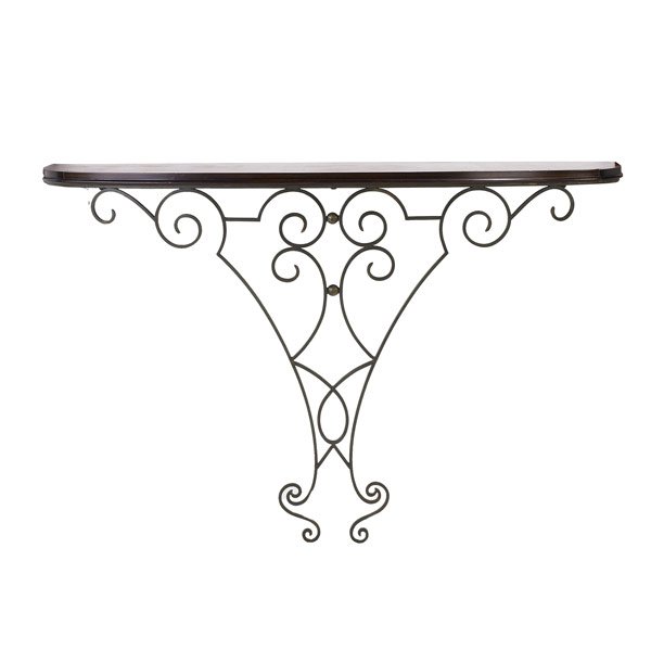 STYLE OF JEAN ROYERE Wall-hung console: STYLE OF JEAN ROYERE Wall-hung console with parquet top and scrolled iron frame. 36'' x 56'' x 14 1/4''