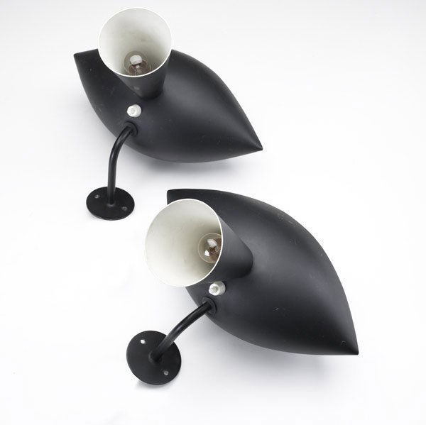 STYLE OF SERGE MOUILLE Pair of sconces: STYLE OF SERGE MOUILLE Pair of enameled metal sconces. 11'' x 11 1/2''