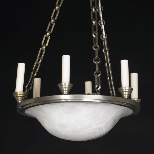 LIGHTING Aluminum six-sconce pendant lamp: LIGHTING Aluminum six-sconce pendant lamp with alabaster shade. (Provenance: Juan Montoya Collection.) 9'' x 15 1/4''