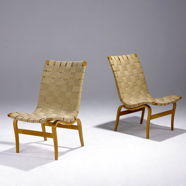 BRUNO MATHSSON / KARL MATHSSON 2 chairs: BRUNO MATHSSON / KARL MATHSSON Pair of Eva side chairs with cotton webbing on bentwood birch frames. Both chairs have original labels: "BRUNO MATHSSON FIRMA KARL MATHSSON MADE IN VARNAMO SWEDEN" each