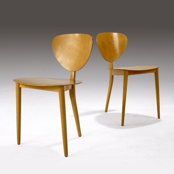 MAX BILL Pair of chairs: MAX BILL Pair of chairs on three-legged base. One chair has remnant of paper label. 29 1/2'' x 17'' x 16 1/2''