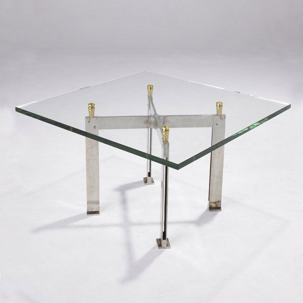 JACQUES QUINET Coffee/side table: JACQUES QUINET Coffee/side table with plate glass top on chromed steel base with polished brass connectors. Stamped Q. 18 1/4" x 30" sq.