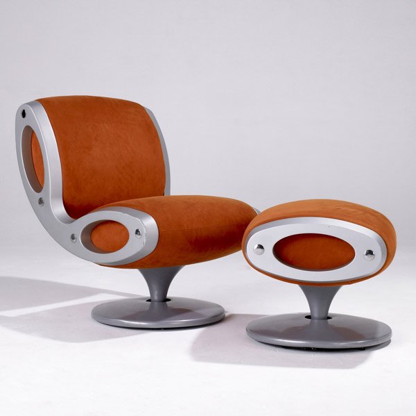 MARC NEWSON Gluon chair and ottoman: MARC NEWSON Gluon chair and ottoman upholstered in orange ultrasuede on swivel bases. Chair: 35'' x 26 1/2'' x 32''