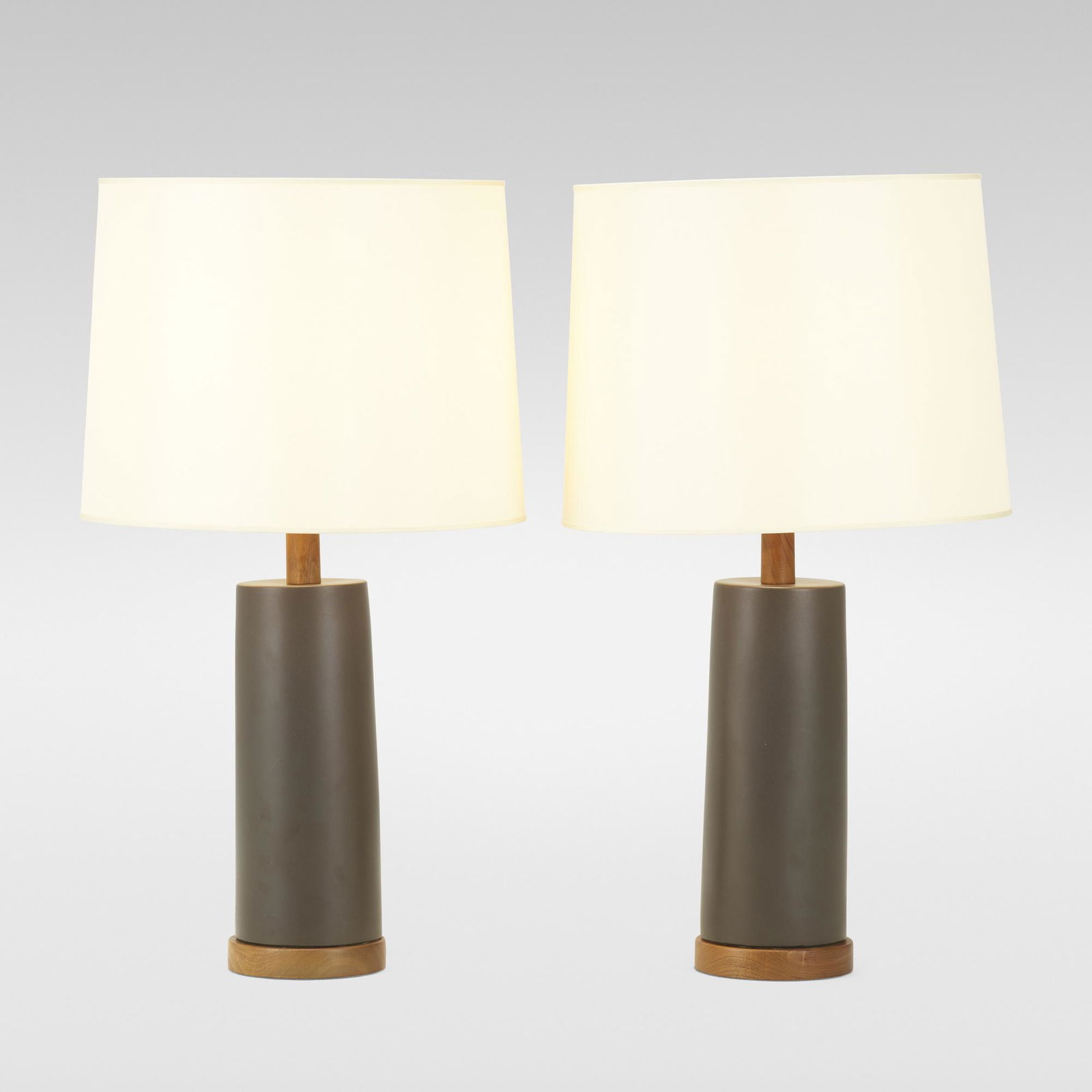 Gordon and Jane Martz, Table lamps, pair: Gordon and Jane Martz Table lamps from a New York interior by Thierry Despont, pair Marshall StudiosUSA, c. 1970glazed ceramic, walnut35 h × 7 dia in (89 × 18 cm) Proven