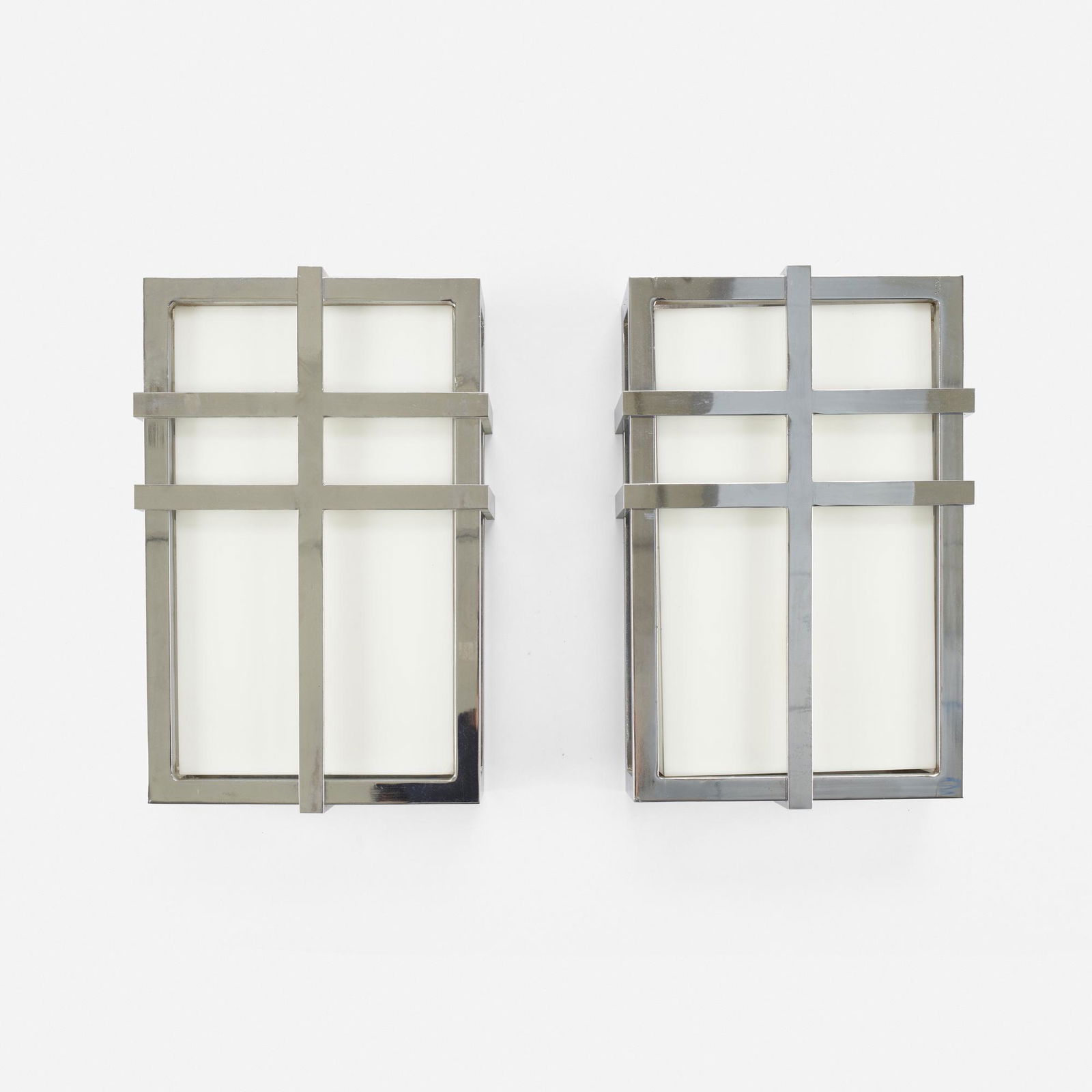 Jay Spectre, Sconces from the Campbell Residence, pair: Jay Spectre Sconces from the Campbell Residence, pair Jay Spectre, Inc.USA, c. 1980chrome-plated steel, acrylic10.5 w × 4.5 d × 16.5 h in (27 × 11 × 42 cm) P