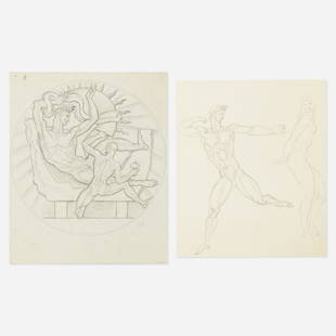 Donald De Lue, two works: Donald De Lue Preliminary Study for National Academy of Design 150th Anniversary Medal; Two Figures (two works) c. 1975charcoal on paper17 h &times; 14 w in (43 &times; 36 cm) Additional work mea