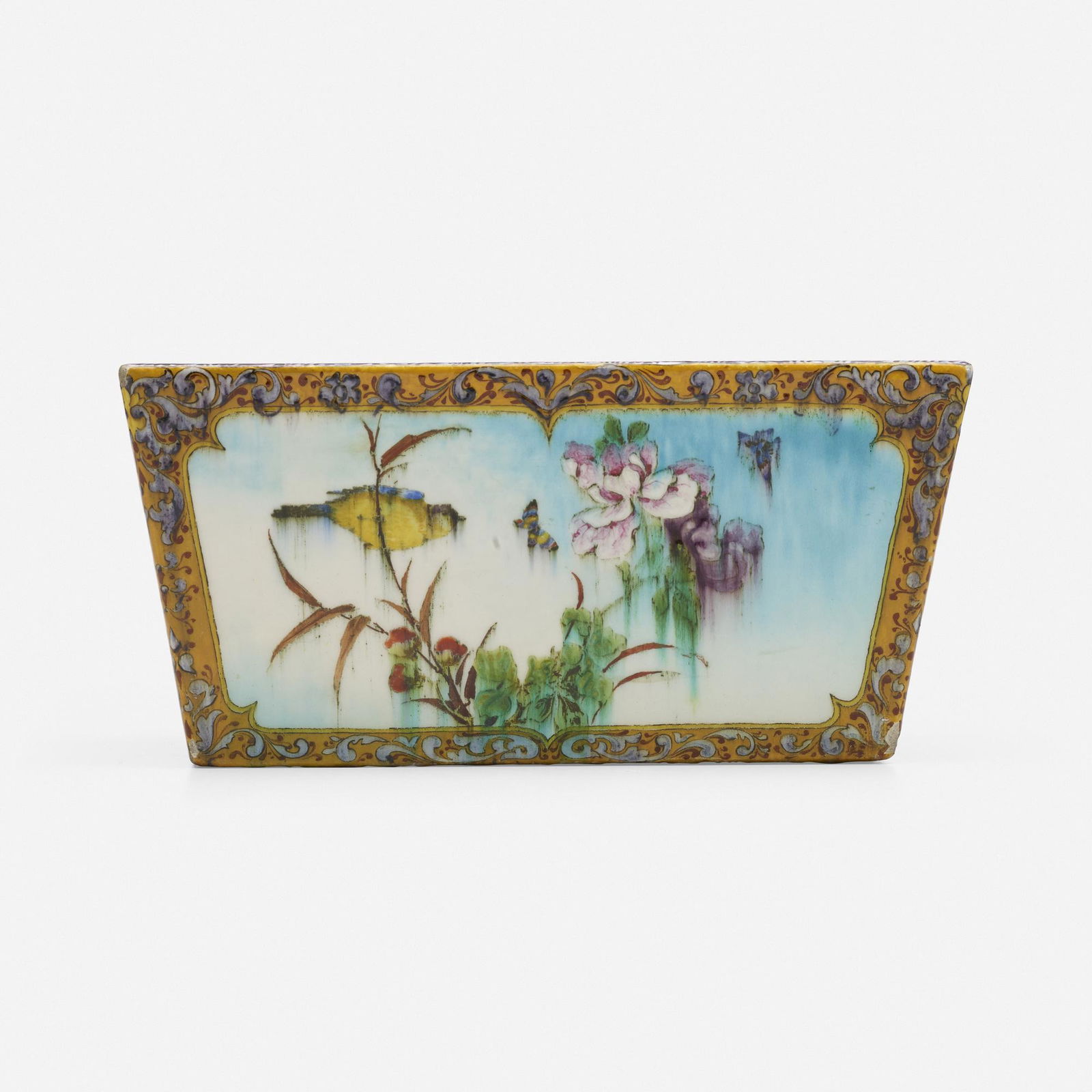 Theodore Deck, Jardiniere: Theodore Deck Jardiniere France, c. 1880glazed porcelain6 h × 12.25 w × 8 d in (15 × 31 × 20 cm) Ink stamped signature to underside 'TH Deck'. Provenance:</