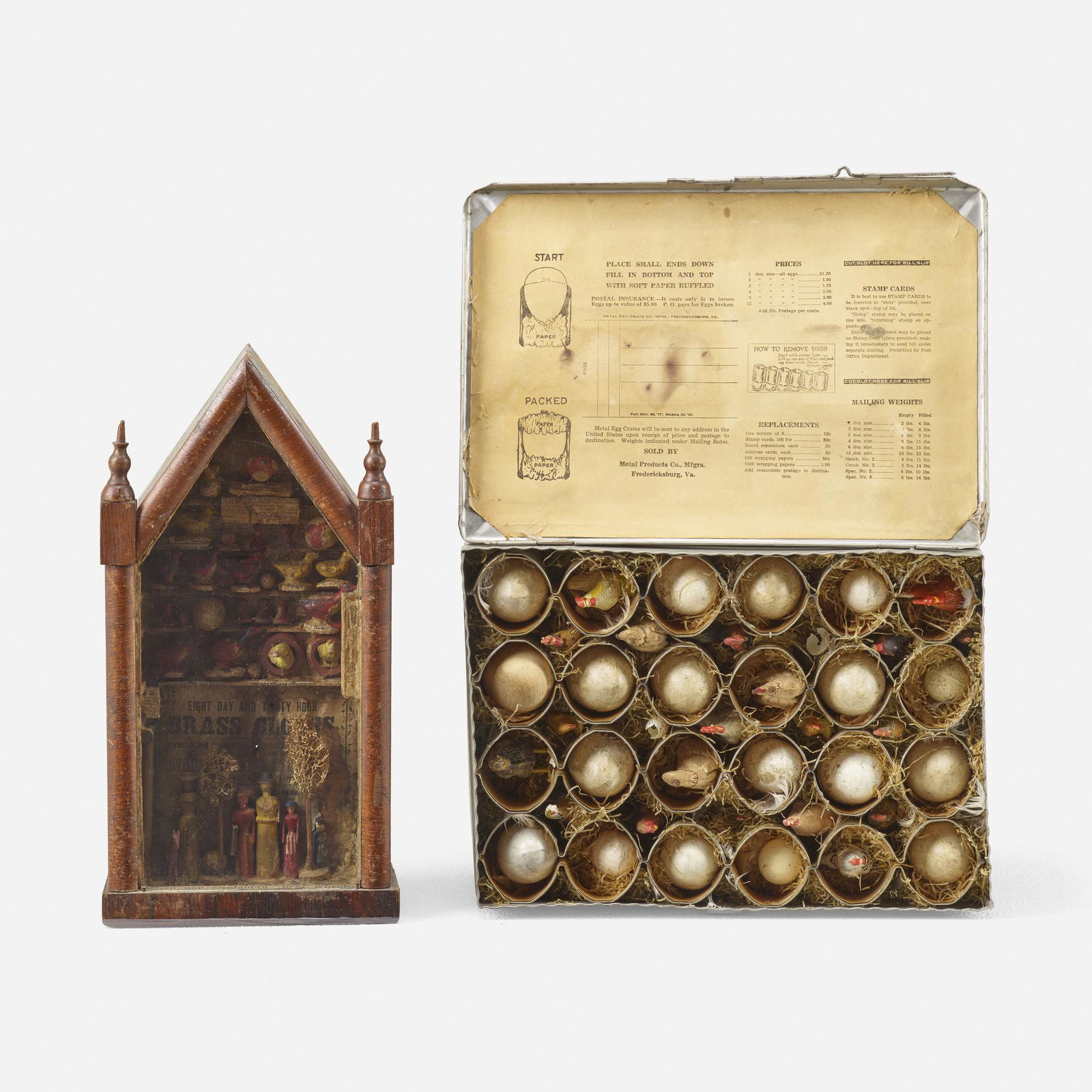 Barry Cohen, two works: Barry Cohen Gothic Bird Construction; Construction #2 (two works) c. 1987, 1988metal egg crate, wooden hens and eggs, straw, and egg shells15 h × 7.5 w × 4 d in (38 × 19 × 10 c