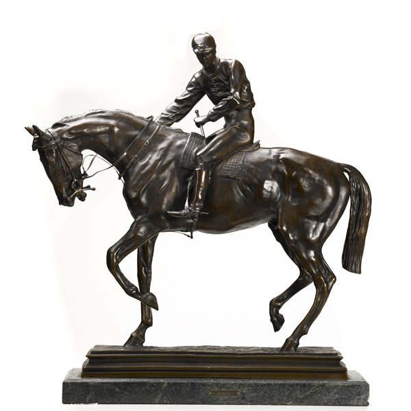 Isidore Jules Bonheur (French, 1827-1901) Racehors: Isidore Jules Bonheur (French, 1827-1901) Racehorse with Jockey Up; Bronze on marble base; Signed ''I. Bonheur'' and stamped 28/100; 23 1/2'' x 19 1/2'' x 7 1/2''; Provenance: Private Collection, Penn
