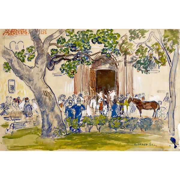 Gifford Beal (American, 1879-1956) Untitled (Weddi: Gifford Beal (American, 1879-1956) Untitled (Wedding in Cozumel, Mexico); Watercolor on paper; Signed; 11 3/4'' x 17 1/2'' (sheet); Provenance: Private Collection, Pennsylvania