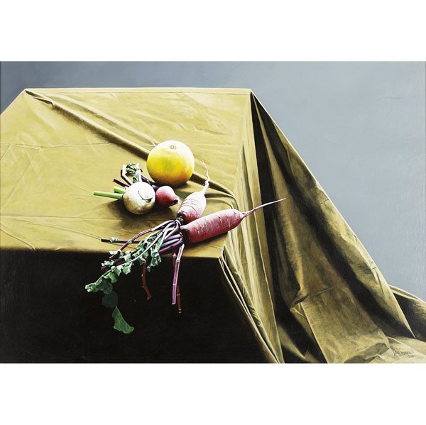 John Meyer (South African, b. 1942) Vegetables on: John Meyer (South African, b. 1942) Vegetables on the Table, 1982; Acrylic on Masonite (framed); Signed and titled; 21 3/4'' x 30 1/2'' (sight); Provenance: Private Collection, New York