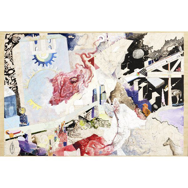 Josh Dorman (American, b. 1966) Gears and Dragons: Josh Dorman (American, b. 1966) Gears and Dragons 2006; Ink and collage on antique maps on board; Signed, dated and titled; 18'' x 27''; Provenance: George Billis Gallery, Los Angeles; Private Collect