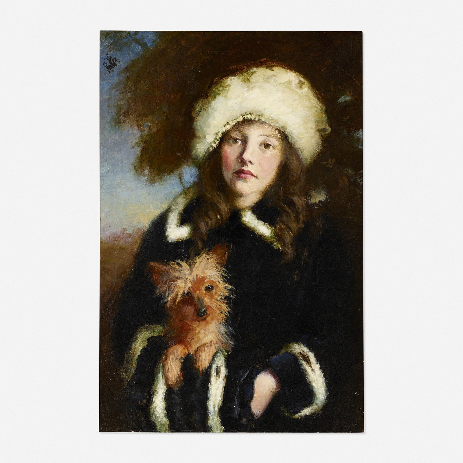 Frederick William MacMonnies, Young Girl with Dog: Frederick William MacMonnies Young Girl with Dog oil on canvas29 h × 20 w in (74 × 51 cm) Pegasus monogram to upper left. Provenance: Dean Borghi Fine Art, New York
