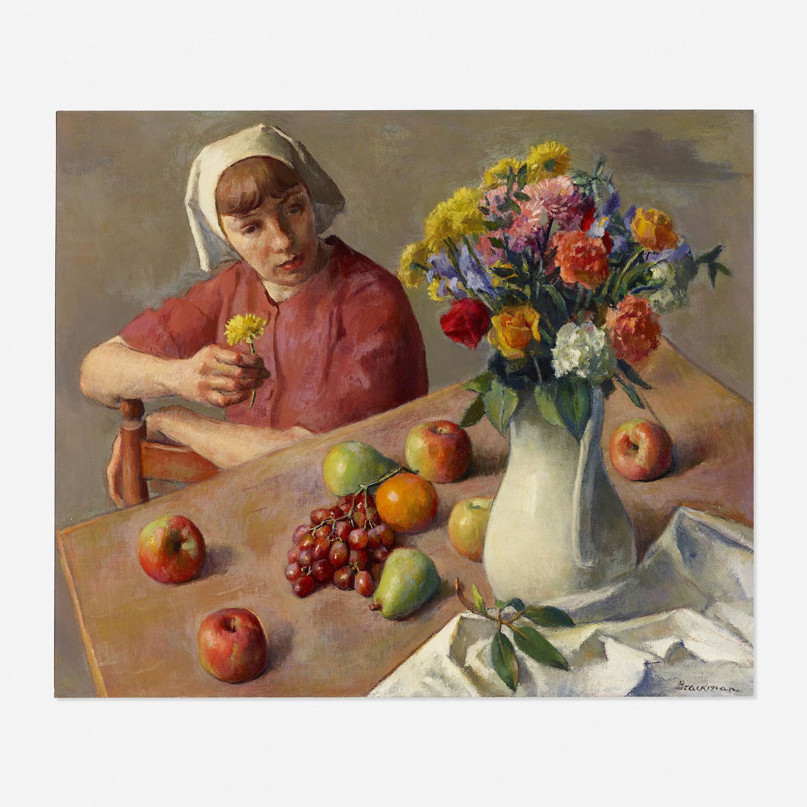 Robert Brackman, Still Life with Figure #9: Robert Brackman Still Life with Figure #9 oil on canvas25 h × 30 w in (63 × 76 cm) Signed to lower right 'Brackman'. Signed and titled to verso 'Still Life with Figure #9 Robert Brackman Noank, Conn