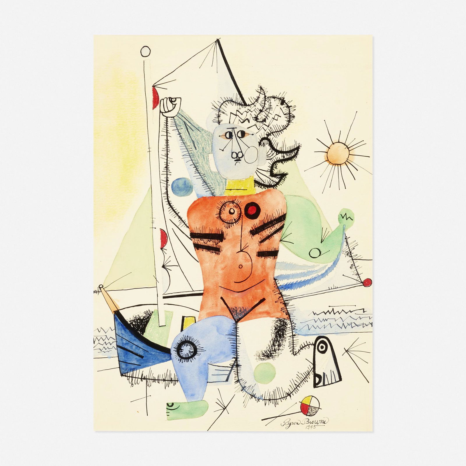 Byron Browne, Going Sailing: Byron Browne Going Sailing 1945watercolor, ink, pen and pencil on paper19.75 h × 14 w in (50 × 36 cm) Signed and dated to lower right 'Byron Browne 1945'.