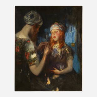 Sir James Jebusa Shannon, Knitting: Sir James Jebusa Shannon Knitting, Nora Ward and Kitty Shannon c. 1900 oil on canvas 36.25 h × 27.75 w in (92 × 70 cm) Signed to lower left 'J.J. Shannon'. Provenance: Mark Borghi Fine Art, New