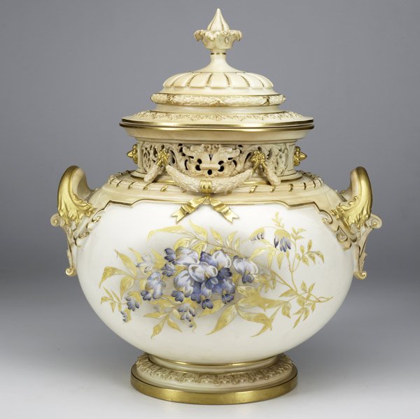 163: Royal Worcester covered potpourri jar : Royal Worcester covered potpourri jar of monumental size, English, early 20th C. Relief decorated with hand-painted florals and gilded highlights. Shape 1428. 16''